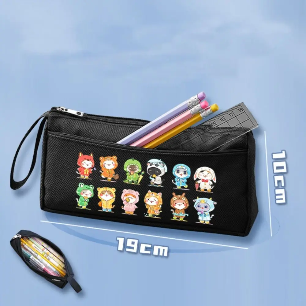 Cute Cartoon Print Pencil Case Portable Large Capacity Makeup Pouch Canvas Double Layered Storage Bag Student Supplies