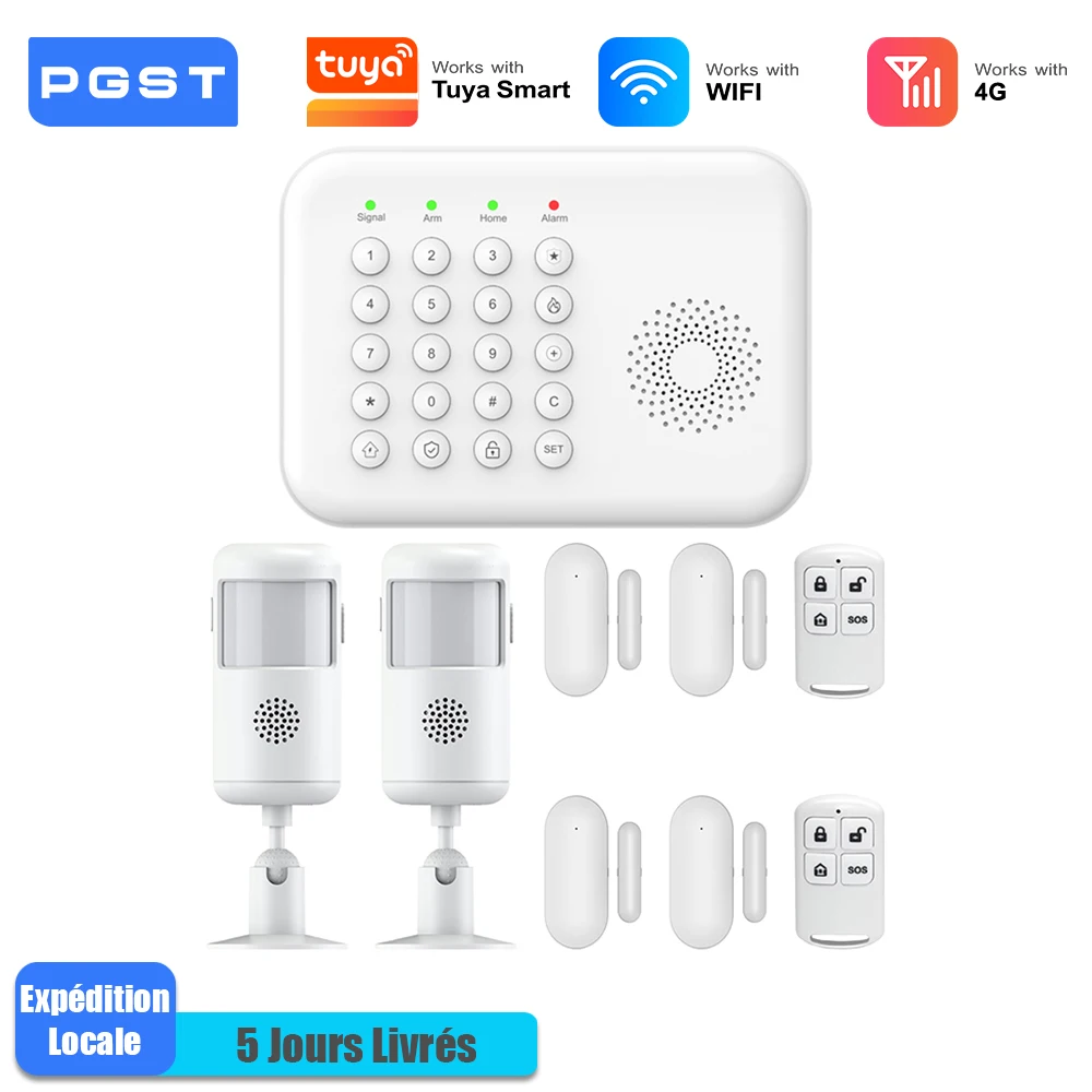 PGST système alarme anti vol WiFi 4G Works with Tuya Smart Life pack sécurité sans fil intelligent protection domicile local commercial capteurs porte fenêtre surveillance à distance par téléphone