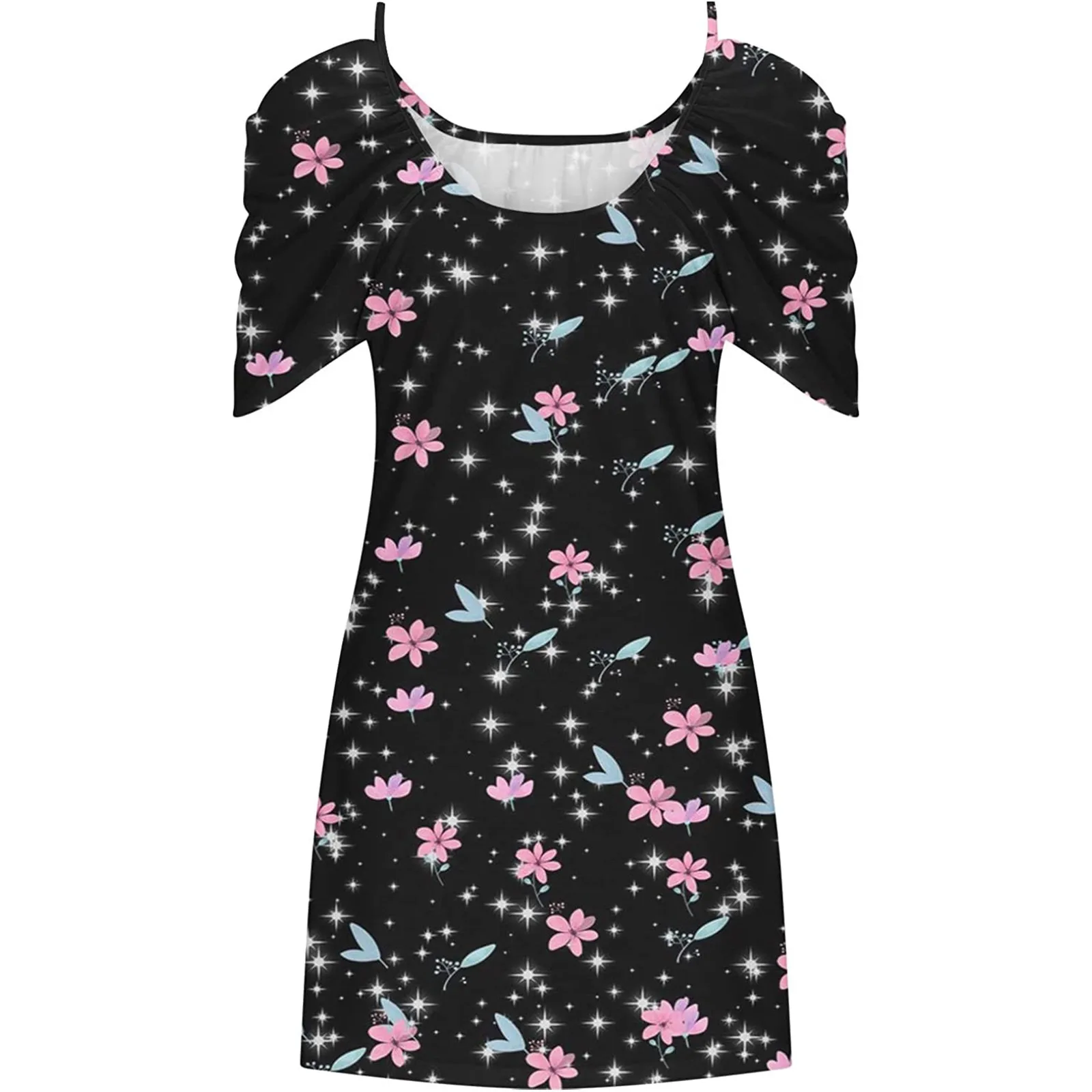 Mini robe sexy à imprimé floral pour femmes, manches courtes, col licou, col rond, décontractée, grande taille, éducatif, plage, été, 2024