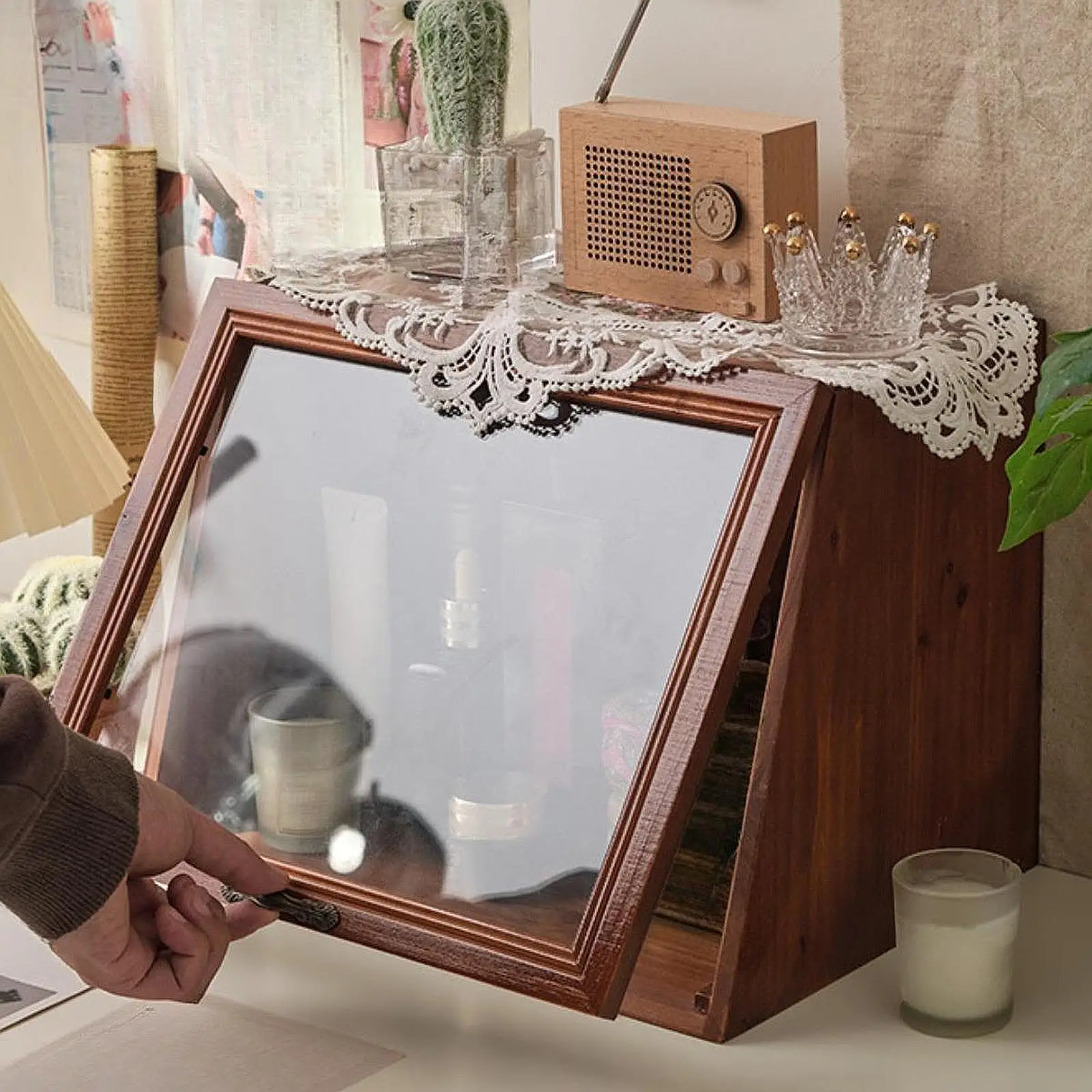 

Wooden Storage Cabinet Clear Glass Front Versatile Cosmetic Display Case for Dressing Table Bathroom Countertop Bedroom Dresser