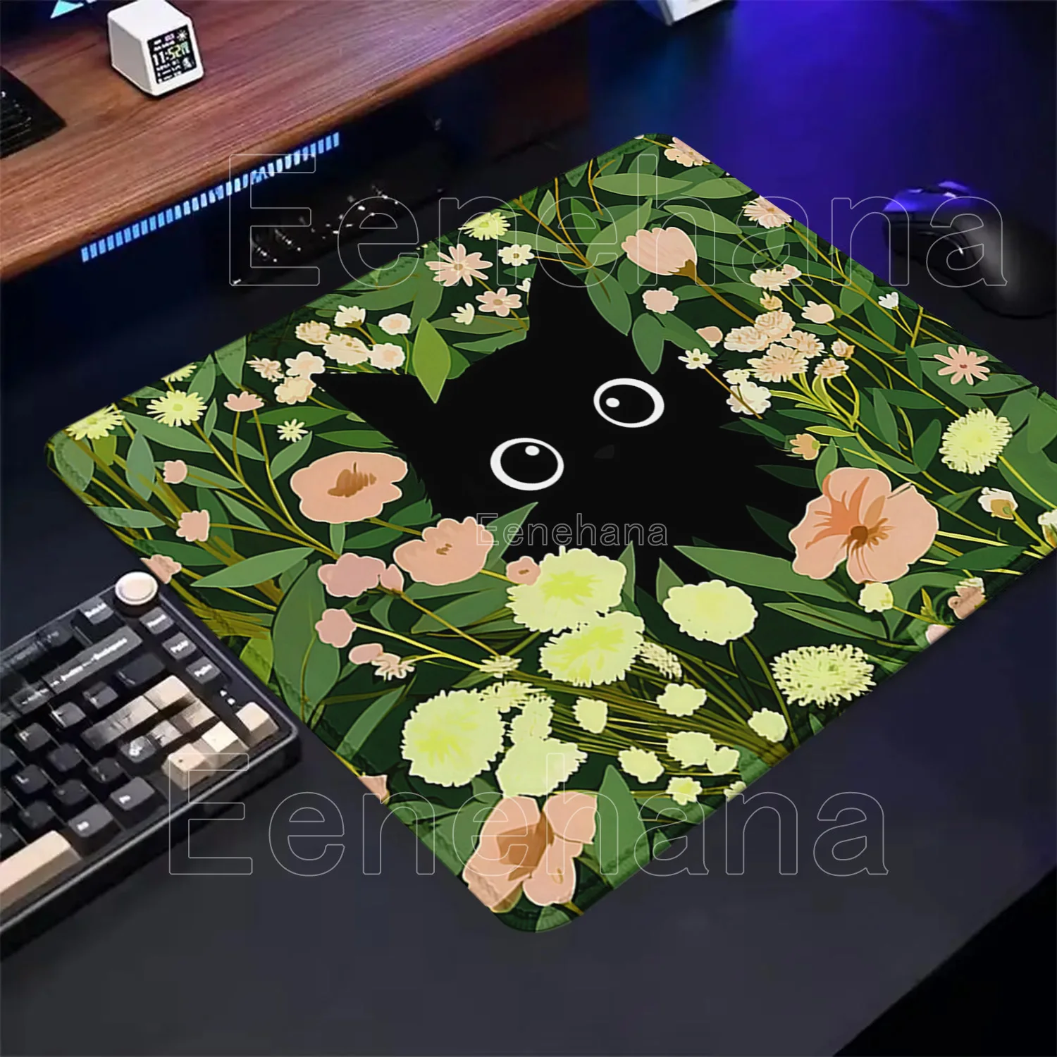 Cartoon Green Flower Cute Black Cats Small Size Mouse Pad Gaming Keyboard Kawaii Mousepad Aesthetic Computer Overlock Desk Mat