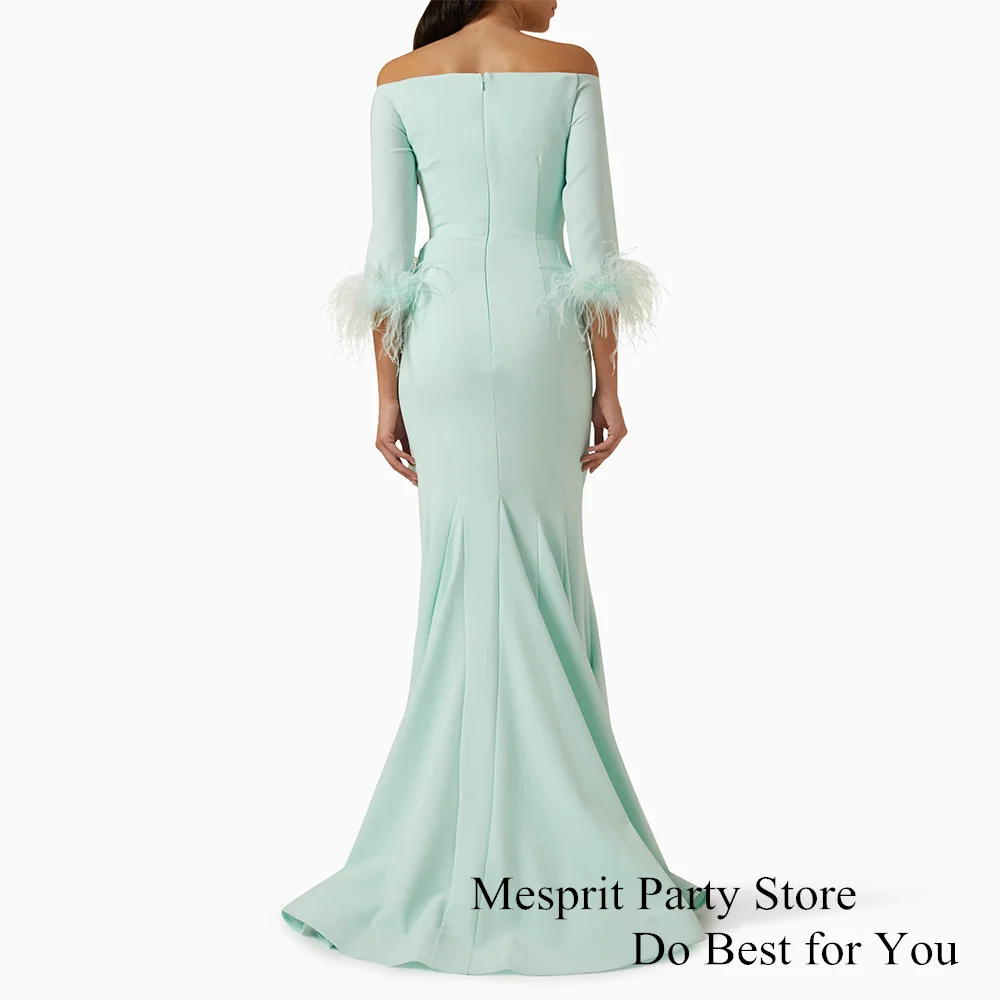 Mint Mermaid Prom Dress 3/4 Sleeves Boat Neck Feathers Formal Occasion Dresses Sweep Train Saudi Evening Gown فساتين طويلة