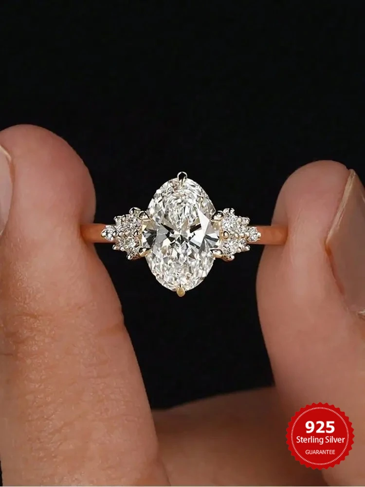 925er Sterlingsilber, eleganter goldener weißer ovaler runder Zirkonring für Frauen, Verlobung, Hochzeit, schlicht, hochwertiger edler Schmuck