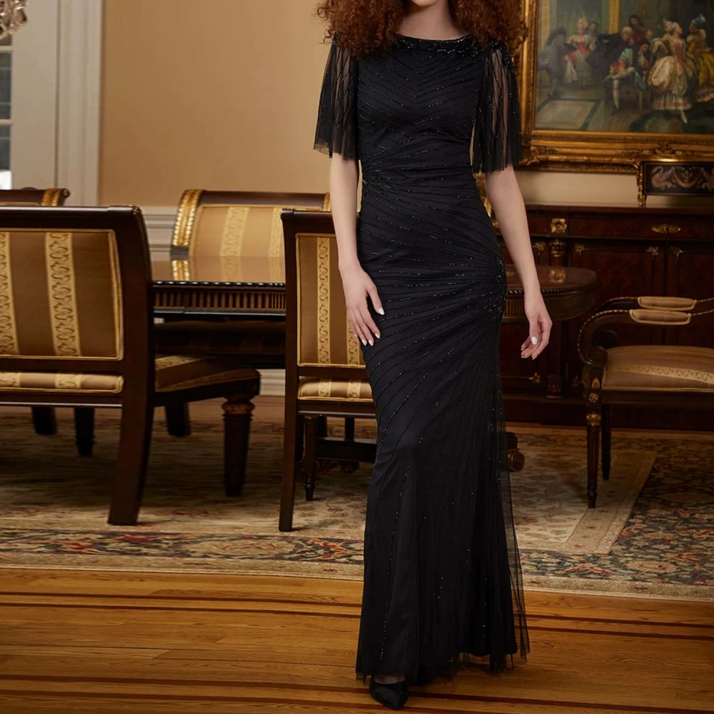 

Customized Fashion Crystal Off the Shoulder Tulle Evening Dresses High Quality O-Neck Half Sleeves Straight Vestido De Festa