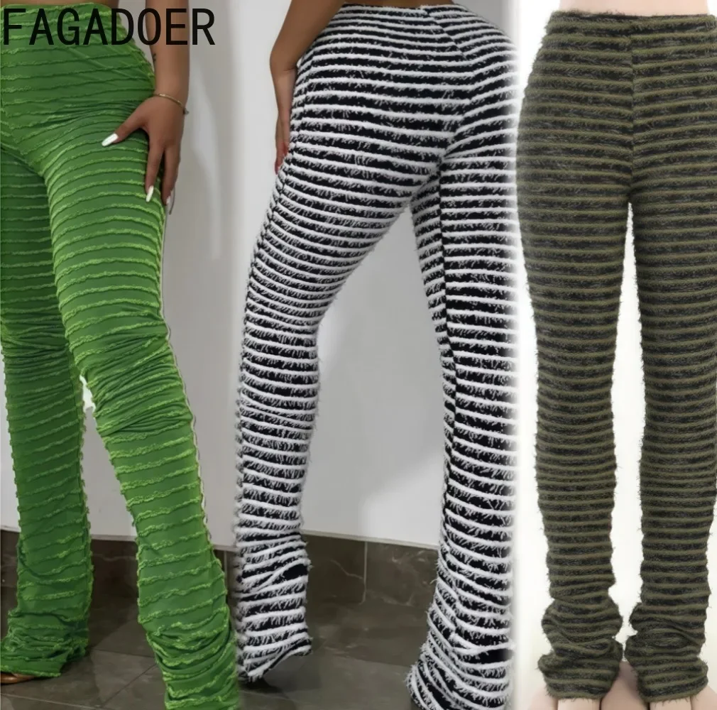 

FAGADOER Y2K Fashion Color Block Stripes Pants Women Knitted Stacked Trousers Slim Skinny Flare Pants Female Streetwear Bottoms