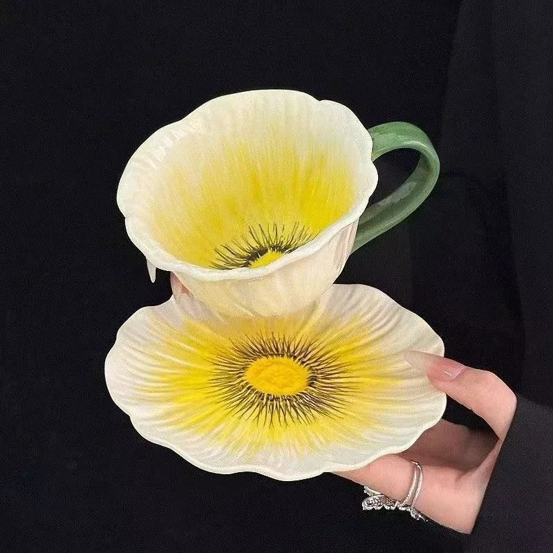 European style ceramic coffee cup set, niche women's high-value latte cup exquisite colorful flowers coffee cup