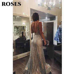 ROSES Fashion Silver فساتين السهر  V-Neck Mermaid Prom Dresses Sexy Open Back Evening Dresses Slim Fit Sequin Party Dress