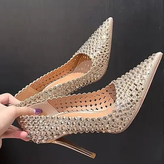 

Spring Autumn New Style Rhinestone Pumps Women's Thin Heels 10Cm Sexy Fashion Crystal Bling Bling Color Wedding Shoes Pointed