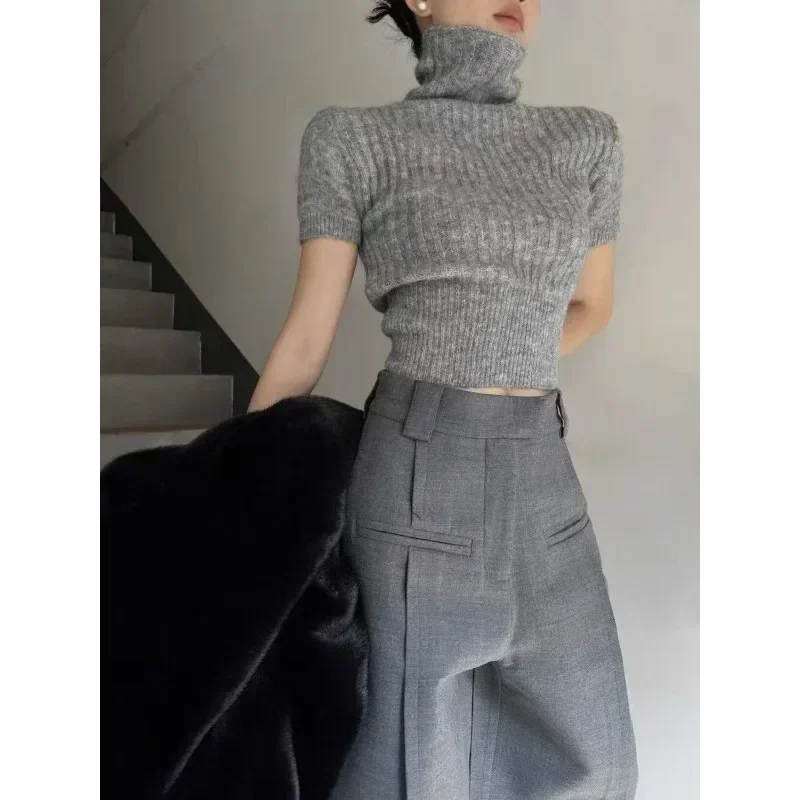 Grigio Ropa Mujer Pullover corto lavorato a maglia Donna Dolcevita Manica corta Tunica Maglione Pull Femme Moda Casual Y2k Maglione Top