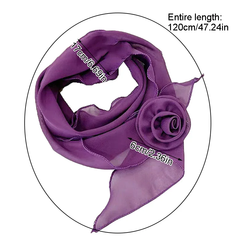 Korean Women Chiffon Scarf With Rose Flower Summer Ultra-thin Breathable Sunscreen Scarf Solid Color Hair Band Neckerchief Shawl