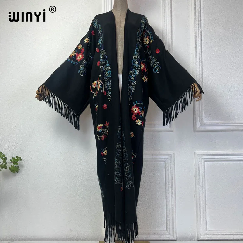 WINYI autumn Winter Women tassel Pashmina Embroidery Long Coat  Lapel OverCoat Thick Warm free size Middle East Female KIMONO