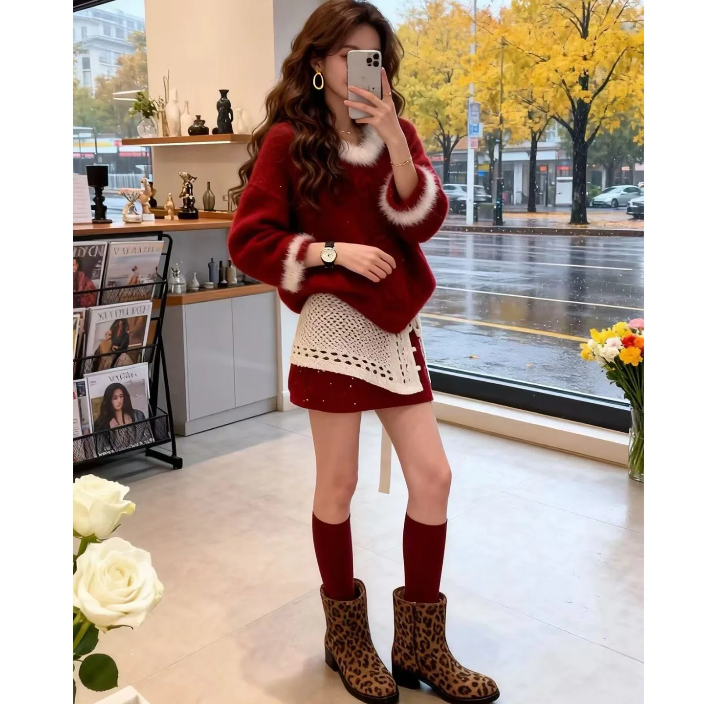 High Quality Red Knitted Faux Fur Trimmed Blouse And Half Skirt Set for Women Autumn Winter Casual Sportswear Ensemble