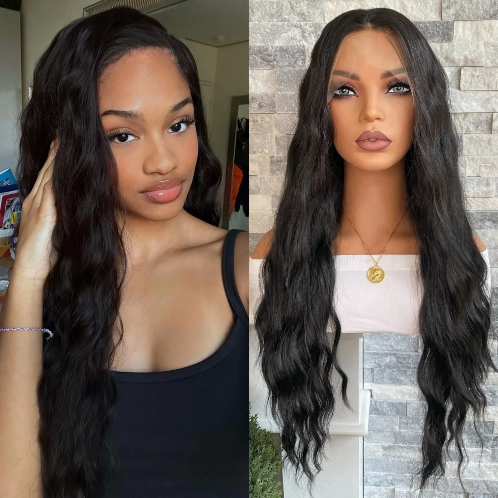 Long Jet Black Wavy Wigs for Women Synthetic Lace Front Wig Deep Wave Black Curly Party Wig 13X4 Frontal Natural Hair Looking