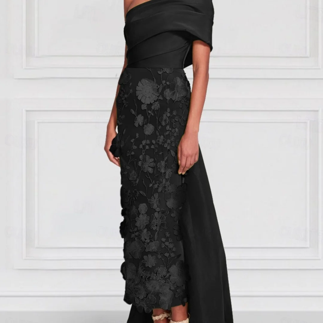 Amanda Customized Black Off Shoulder Prom Dress Gold Floral Embroidery High Low Formal Evening Satin vestidos de noche Gown