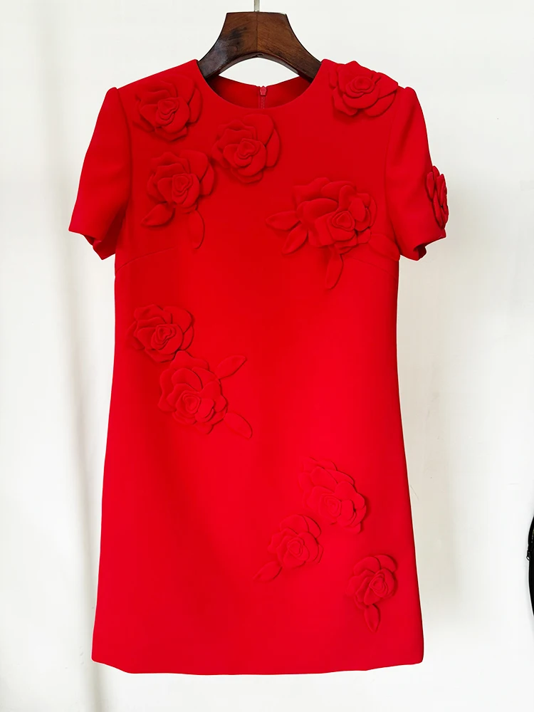 

HIGH STREET Newest Fashion 2024 Designer Women's Short Sleeve Flowers Appliques Dress