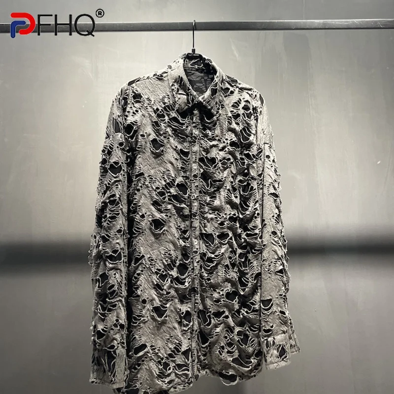 PFHQ 2023 Trendy Elegant Broken Hole Vintage Design Men\'s Shirts Long Sleeve High Quality Male Spring Stylish Street Jackets New