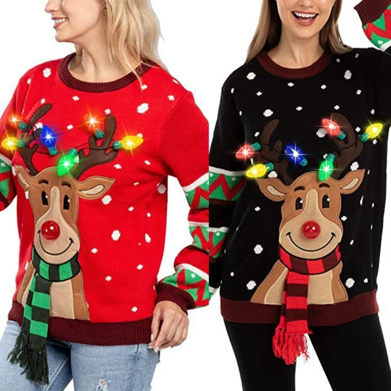 Women LED Light Up Holiday Sweater Christmas Cartoon Reindeer Knit Pullover Top