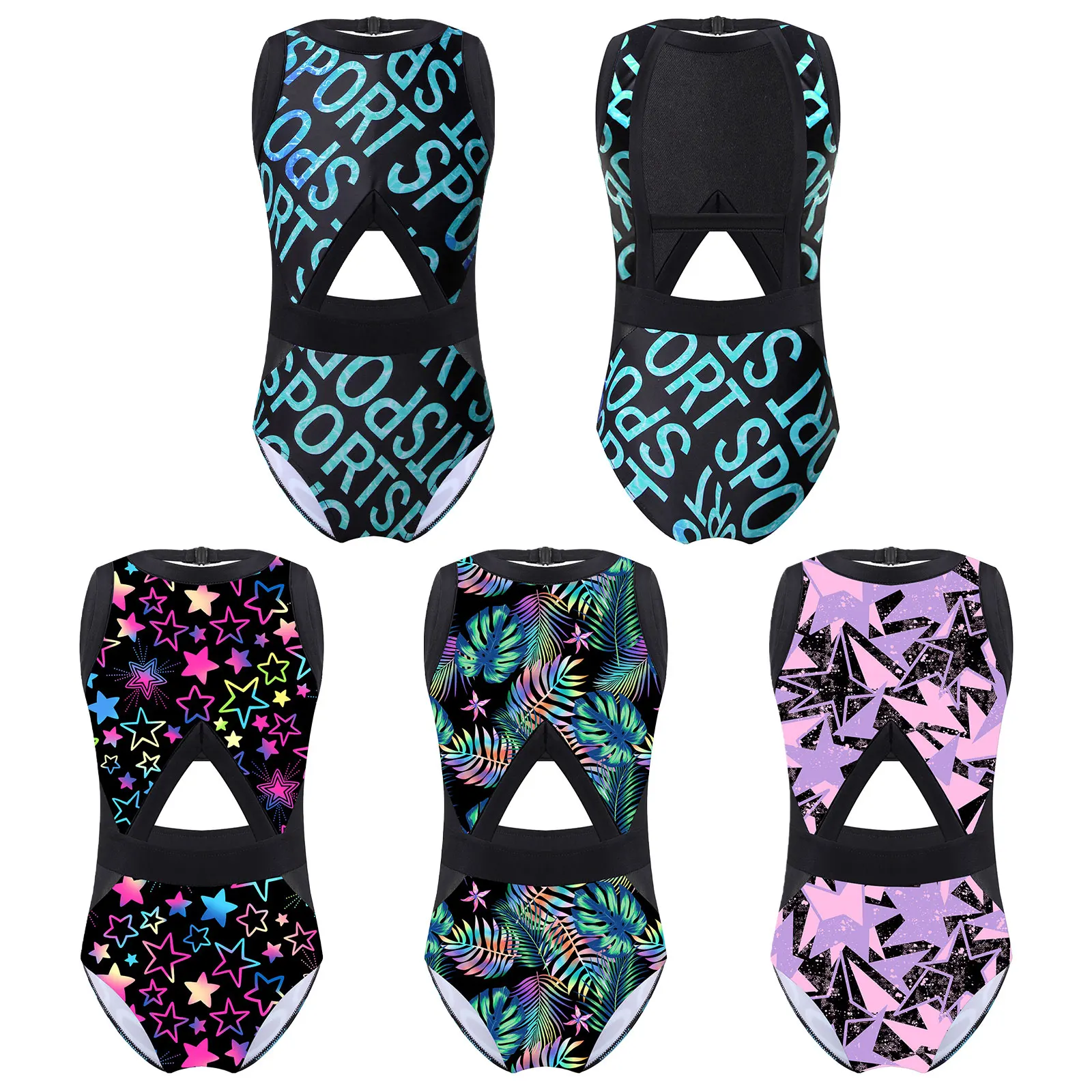 Kids Girls Sleeveless One Piece Swimsuit Fancy Printed Cutout Athletic Swimwear Quick Dry Bathing Suit for Pool Watersports