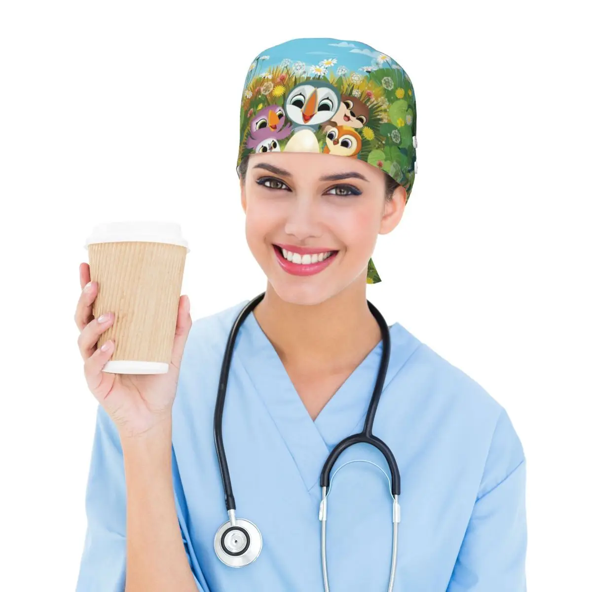 Puffin Rock Cartoon Scrub Hat Doctor Working Surgical Cap Unisex Adjustable Nursing Caps for Dentist