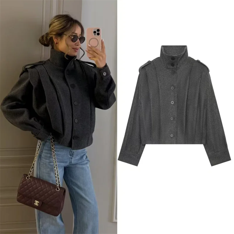 Guobioziy Women's Jacket 2026 Fall New Arrival Dark Gray Long-Sleeve Pleated Loose Jacket Parka Personality Fashion