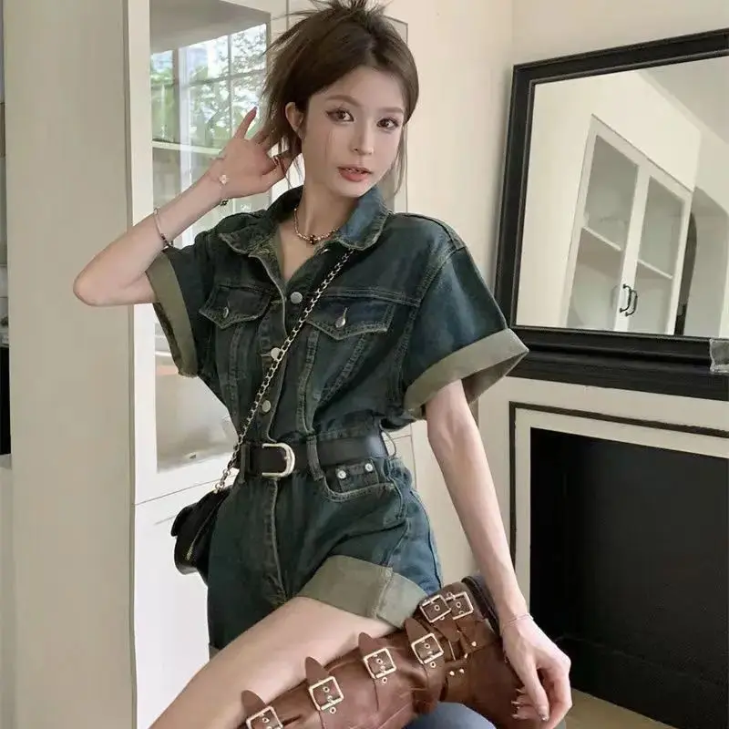 Crimped shorts Denim Jumpsuit Women's Korean Retro One Piece Jeans Romper Shorts High Waistband Design Trendy Wide-leg pants