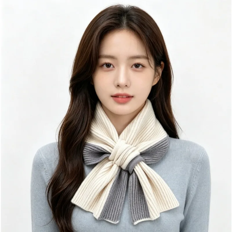 Scarf Women Autumn Winter Warm Color Matching Knitted Cross Wool Student Scarf Simple Ins Neck Wrap