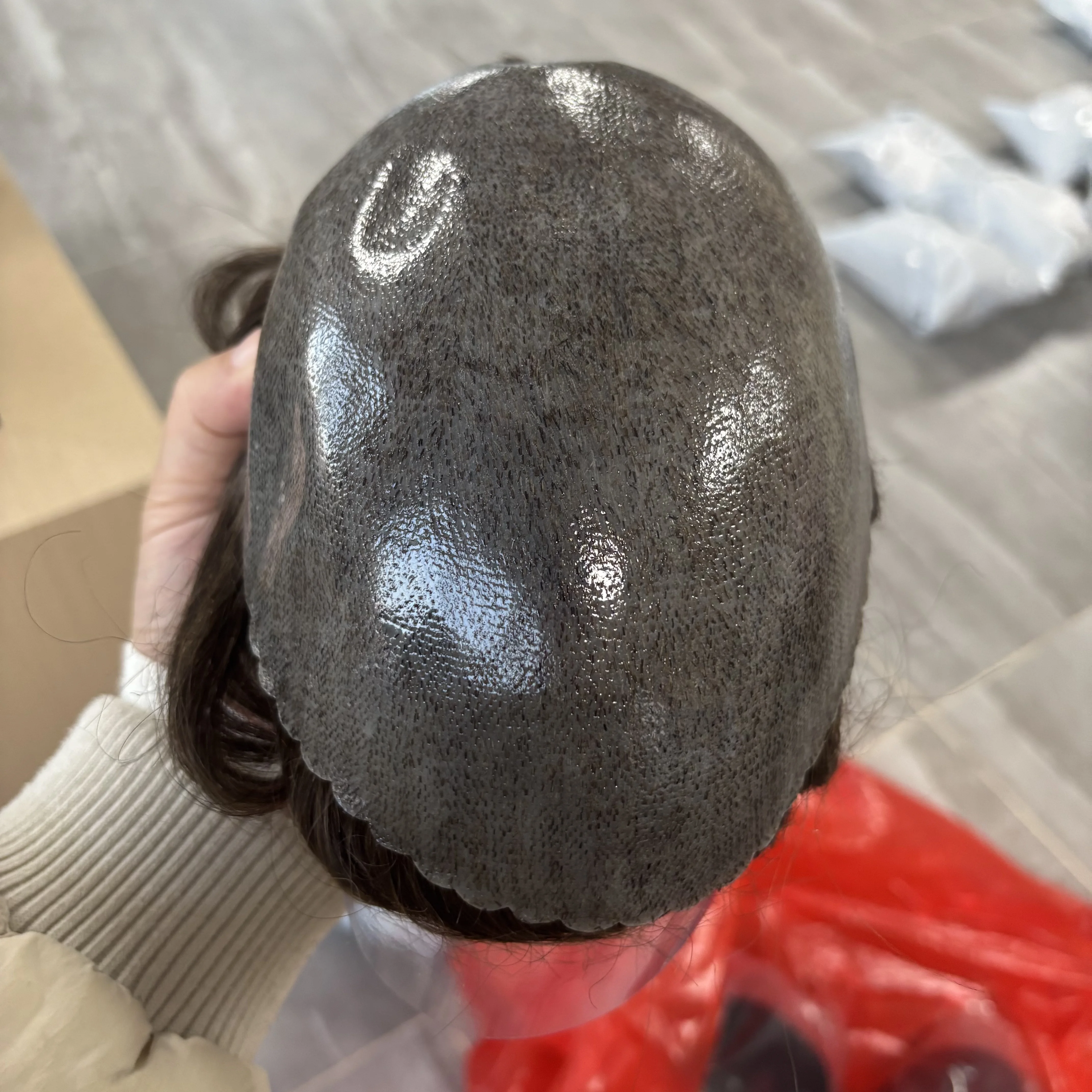 باروكات شعر بشري ريمي طويل الأمد بطول 6 بوصات، خط شعر طبيعي متين باللون البني الداكن # 2 # 3 شعر مستعار حريري مستقيم بقاعدة PU للحقن الكامل