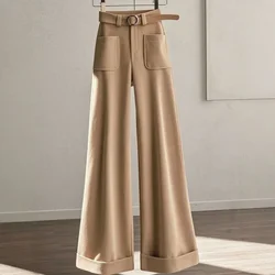 New Fashion Khaki Wide Leg Pants Women Elegant Casual Loose Spring Autumn Pockets Ankle-length Trousers Office Lady with Belt