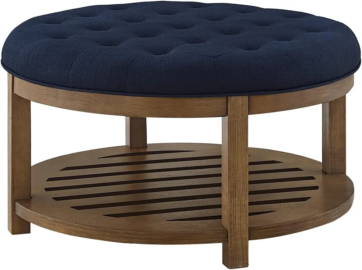 Large Round Upholstered Tufted Linen Ottoman Coffee Table, Large Footrest Ottoman with Wood Shelf Storage- Navy Blue