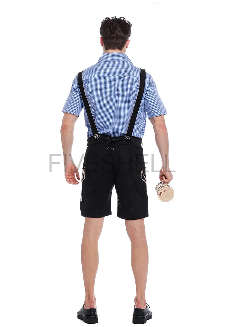 Germany Oktoberfest Man'S Costume Blue Red Shirt Short Sleeve Adjustable Embroidery Suspender Shorts Halloween Cosplay Costumes