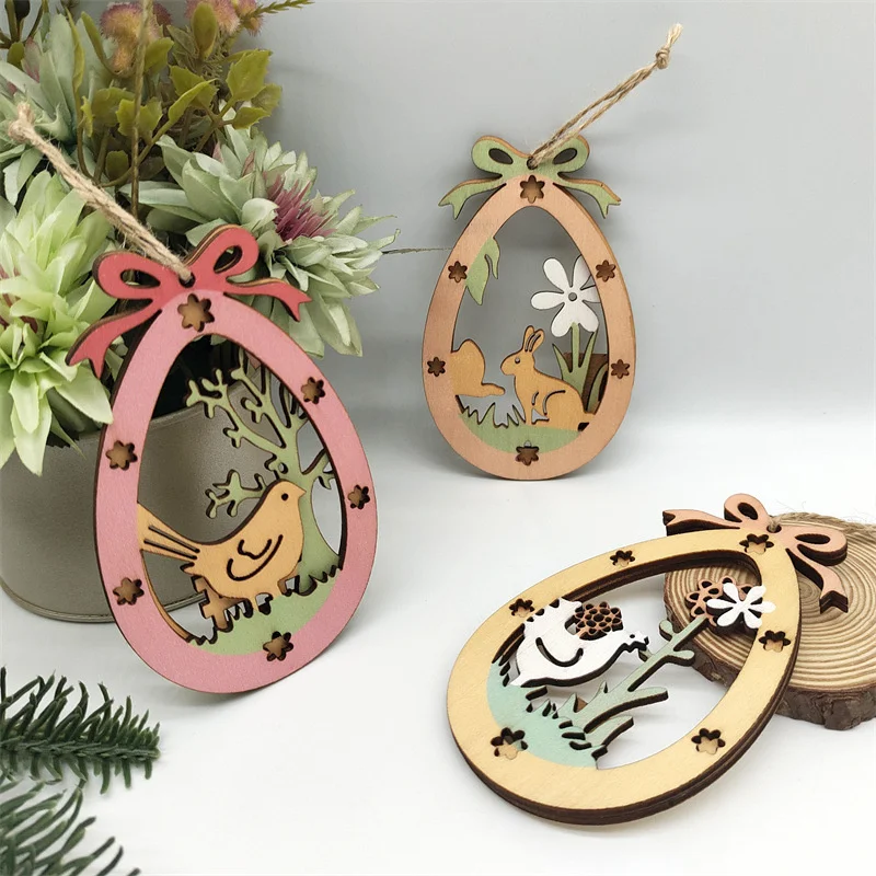 Easter Egg Wood Slices Pendant Hollow Easter Egg Cutouts Festive Wooden Hang Ornaments For Happy Easter Party Kids Graffiti Egg