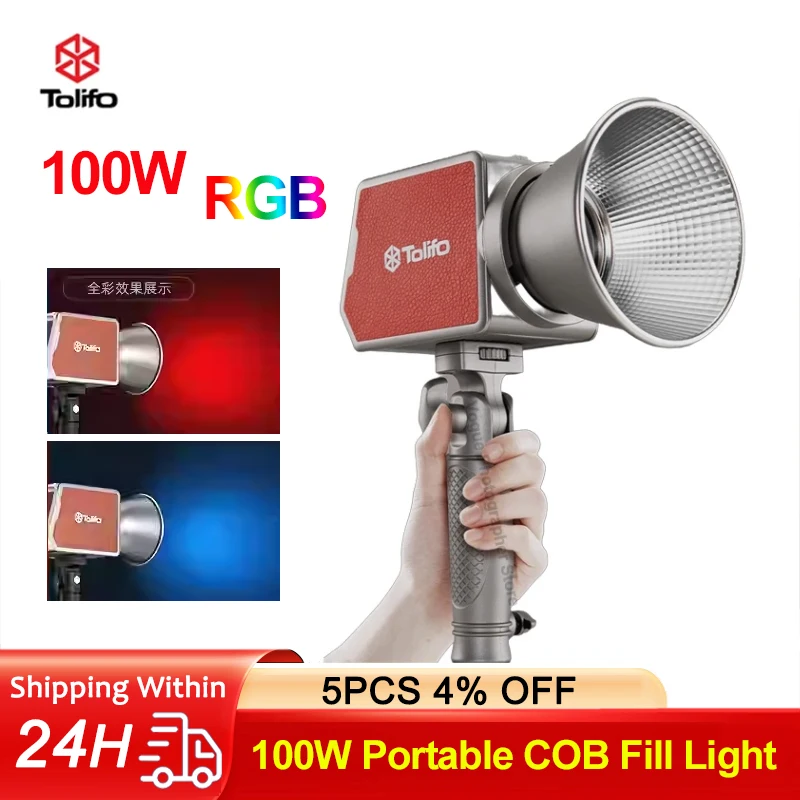 Tolifo Compact Handheld LED Video Light RGB Color COB Photography Fill Light 100W 2700k-6500K Studio Lamp With Built-in Battery