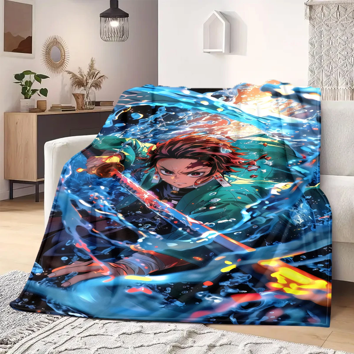 Demon Slayer Flannel Blanket Lovely Print For Home Sofa Bed Chair Picnic Travel -HE21