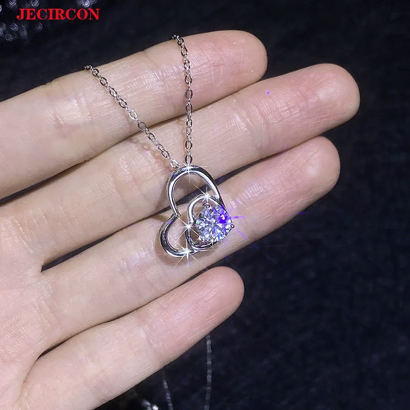 

JECIRCON S925 Sterling Silver 1 Carat Moissanite Heart Pendant Necklace for Women, Sweet Romantic Clavicle Chain, Birthday Gift