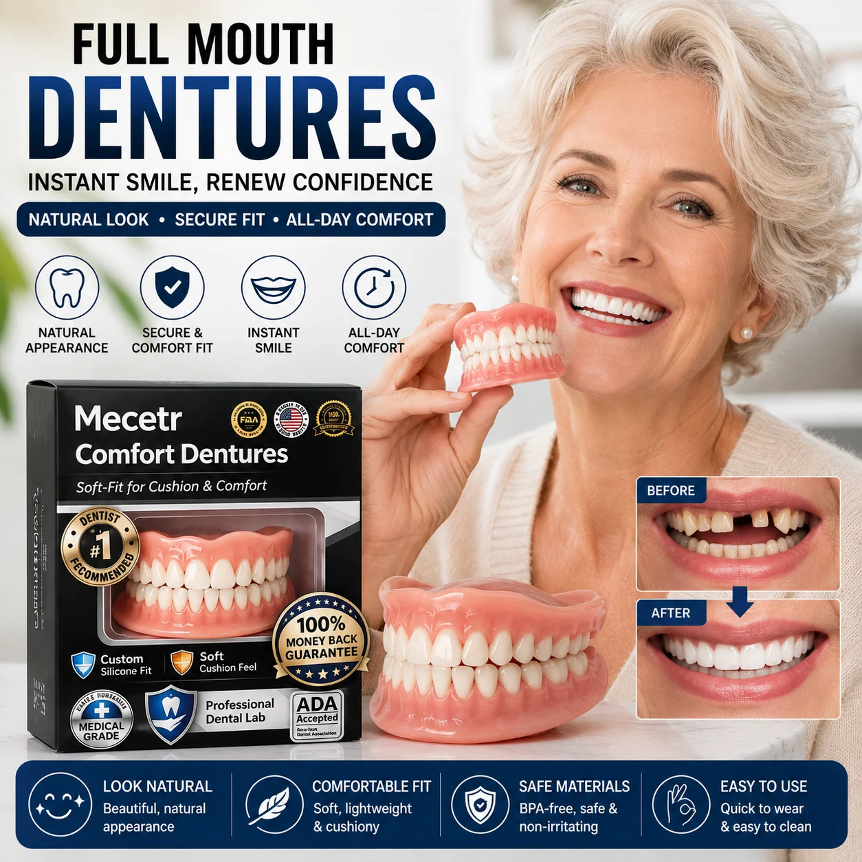 Latest Technology Complete Silicone Denture Set Upper and Lower Adjustable Natural-Looking Reusable Teeth for Men & Women