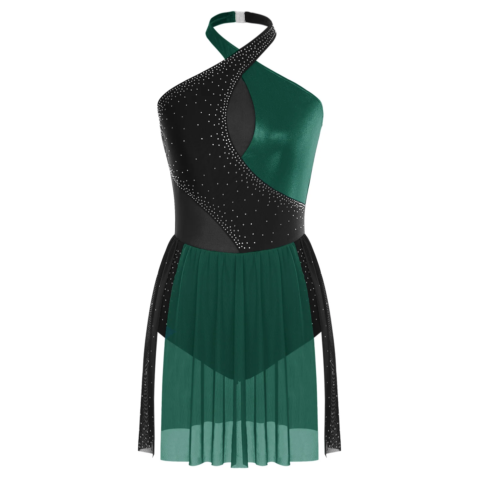 

Women Figure Skating Leotards Ballet Latin Dresses Halter Rhinestones Contrast Color Irregular Hem Bodysuit Dress Dance Costume