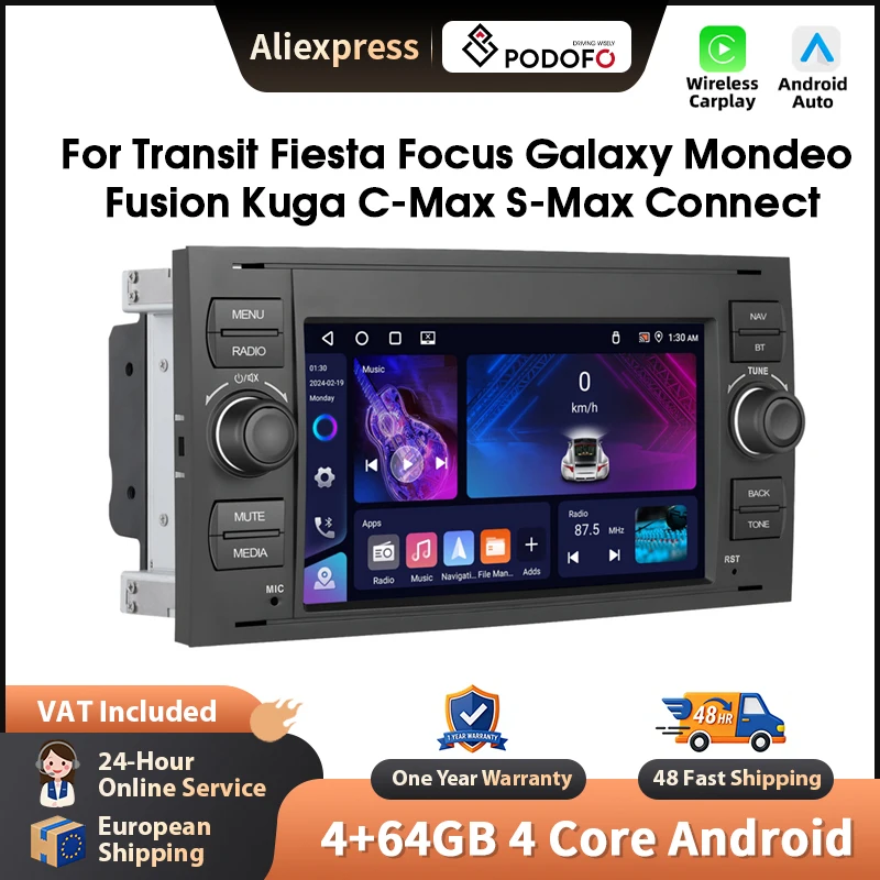 Podofo Wireless Carplay Android Auto Radio für Transit Fiesta Focus Galaxy Auto Intelligente Systeme GPS Navigation BT FM/RDS 2din Autoradio