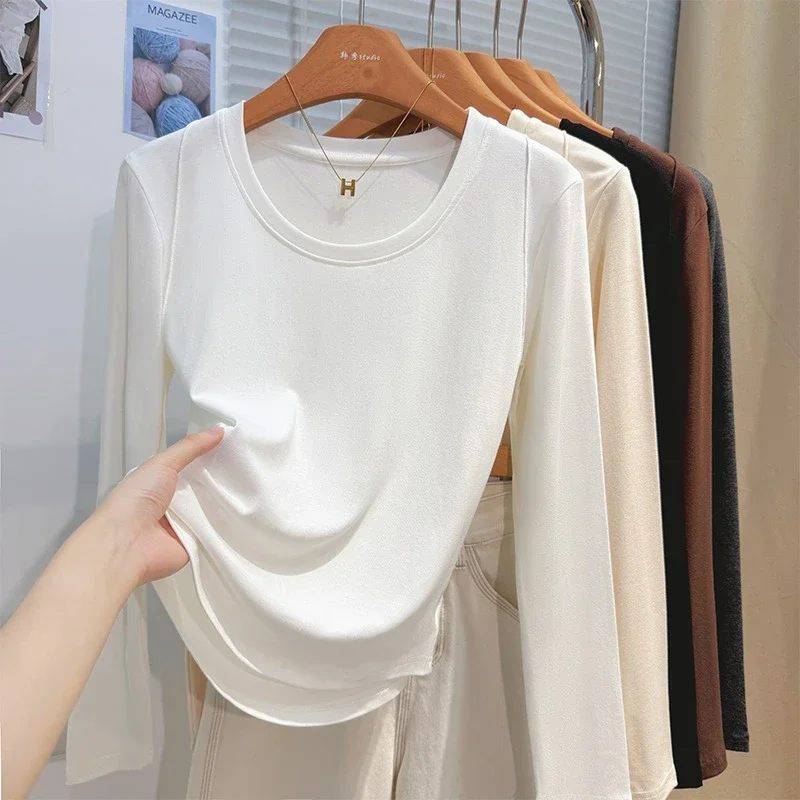 2026 Autumn Winter New Slim Fit Figure-Flattering Tee Shoulder-Fitted Long Sleeve Women T-shirt Solid Versatile Inner Basic Top