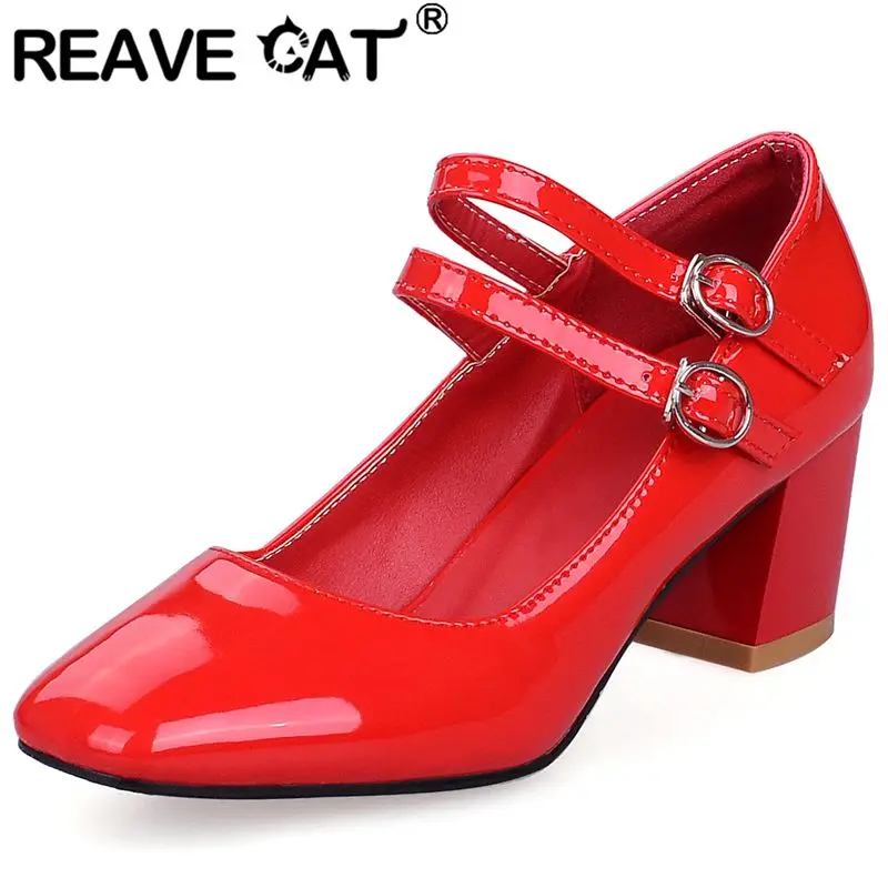 

REAVE CAT Роскошные блестящие женские туфли-лодочки с квадратным носком на блочном каблуке 6 см с двойной пряжкой и ремешком Сексуальная модная свадебная обувь для свиданий 41 42 43