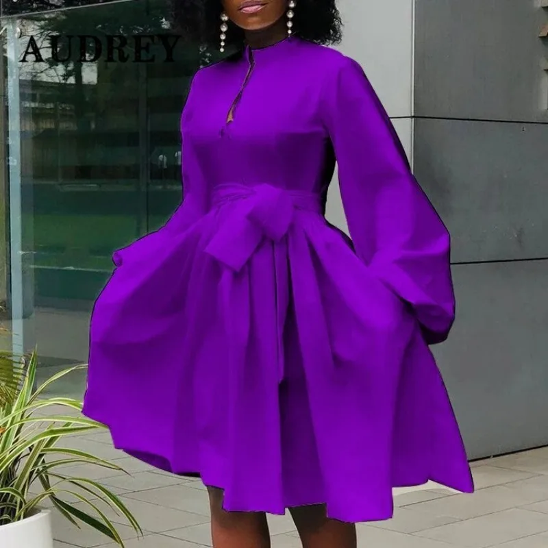 

Plus Size 5XL Elegant Women Dress Fashion Casual Solid Lantern Long Sleeve African Lace Up Dress Office Ball Gown Vestidos