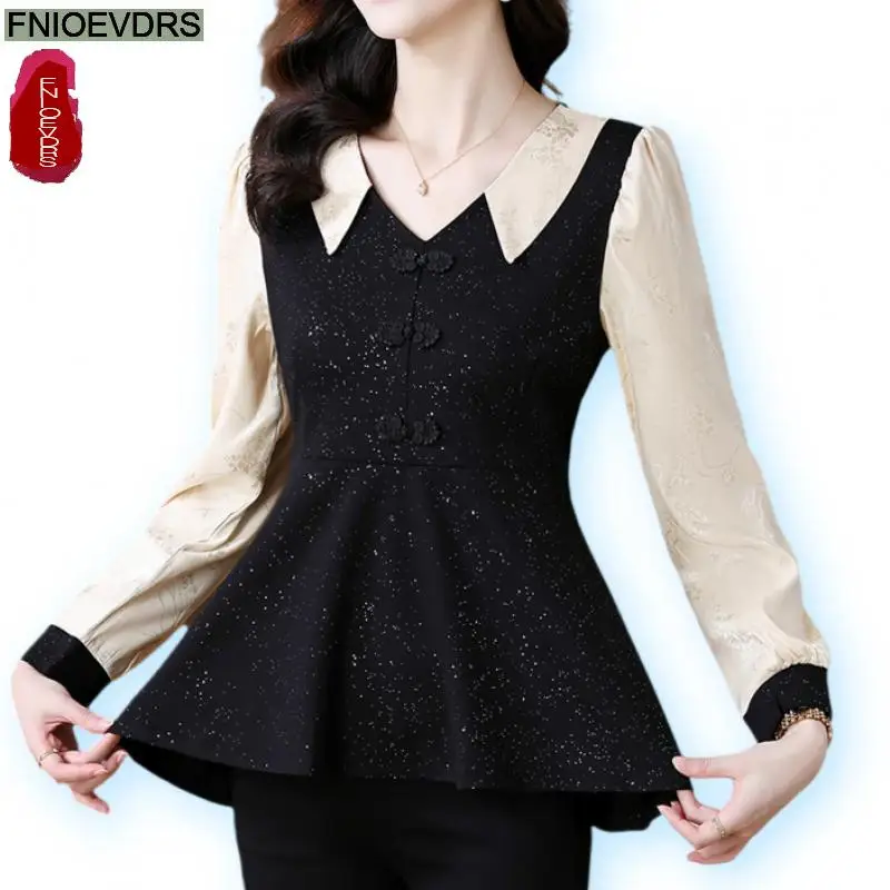 Retro Vintage Black Peplum Bling Tops New Design Women Autumn 2024 Fashion Office Lady Elegant Tunic Button Shirts Blouses