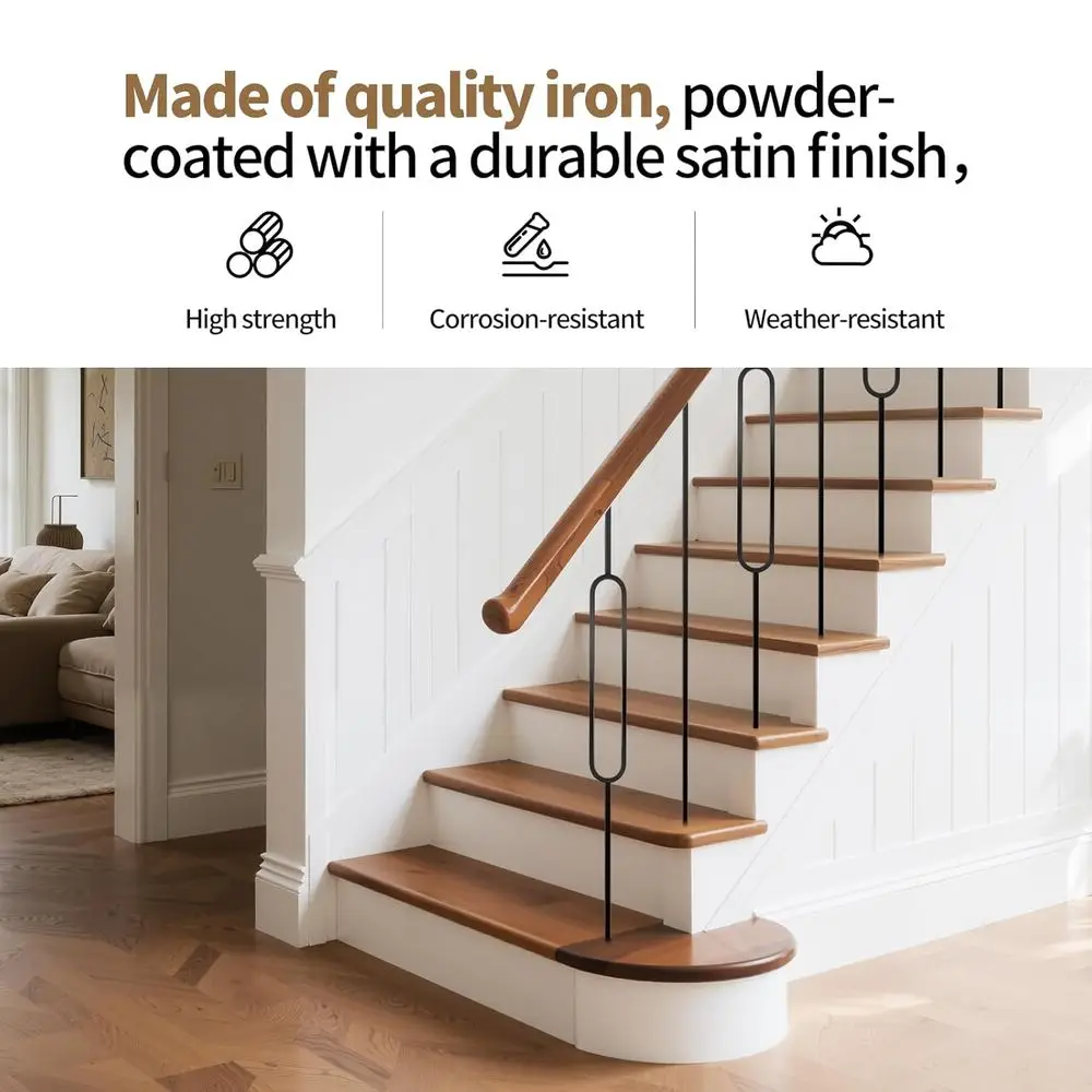 44 درابزين درج معدني أسود من الساتان، 16 عبوة مع 8 مغزل بيضاوية و8 مغزل مجوفة مستقيمة