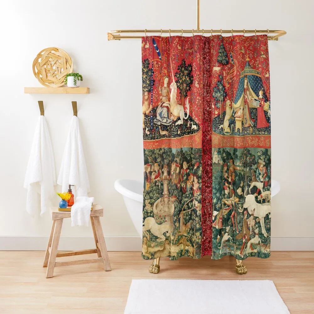 

FOUR LADY AND UNICORN STORIES ,Fantasy Flowers,Animals, Red Green Floral Collection Shower Curtain Modern Showers For Bathroom