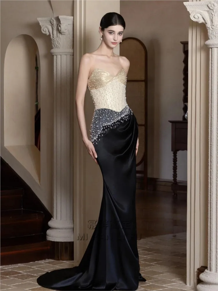 High-end custom-made new strapless dress for banquets featuring a fishtail toasting style the host