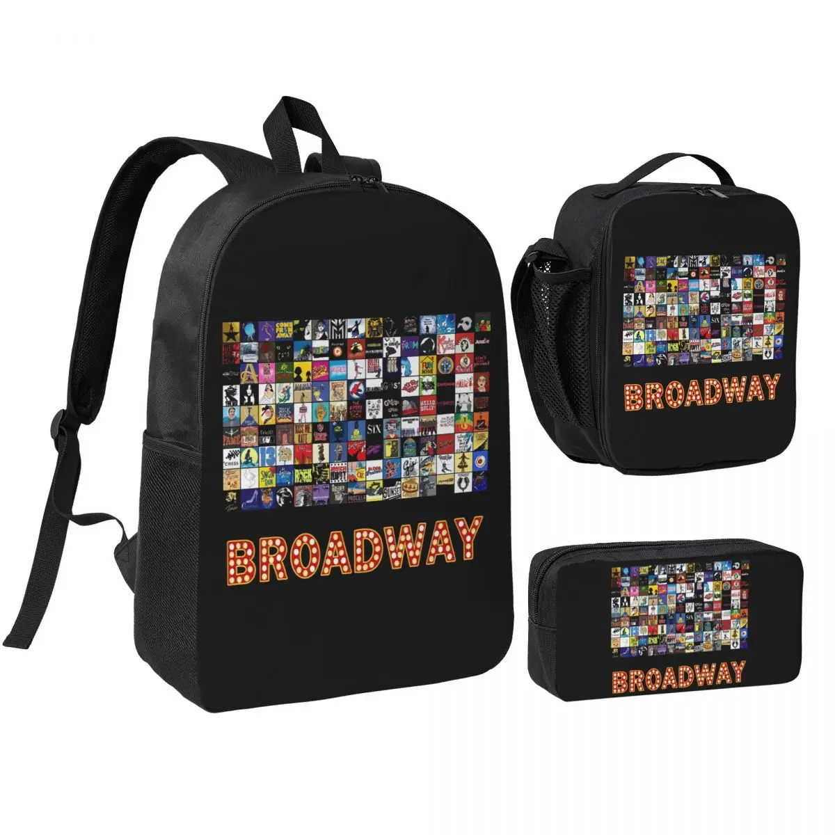 Broadway Musical Theatre Logos Hand Drawn Backpack BookBag School Bag Shoulder Bags 3ps Insulated Lunch Bag Pencil Case