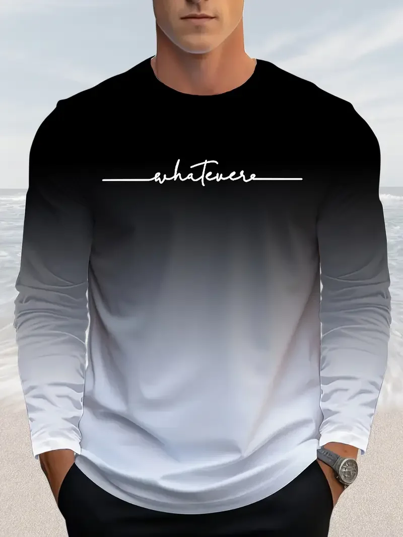 

Funny Gradient Letter Print Men's Long Sleeve T-shirt Business Casual Fall Comfortable Pullover Fashion Cotton Loose O-neck Tops