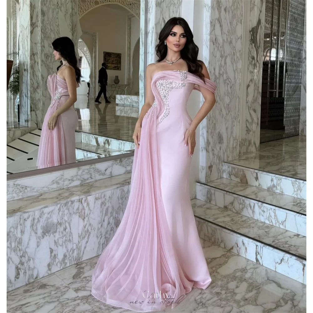 

Cathy Customized Mermaid One Shoulder Rhinestones Prom Dresses Pleated Sleeveless vestidos de noiva Floor-Length Formal Evening