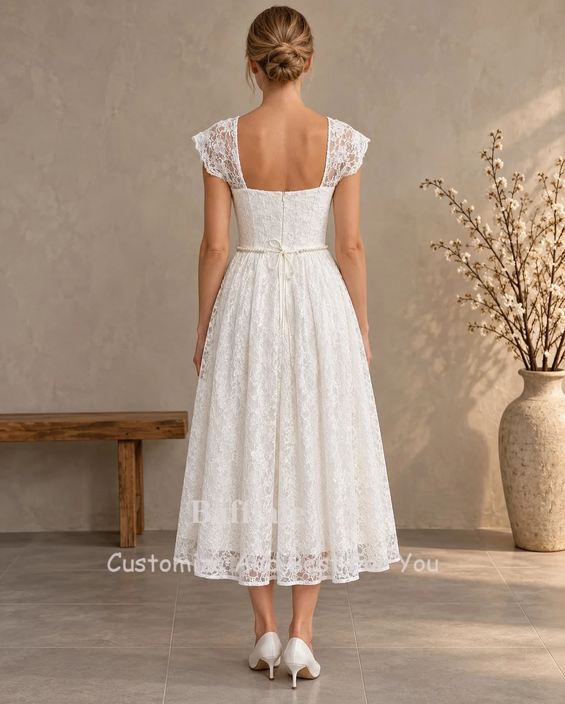 Bafftafe Customized Full Lace Midi Wedding Dresses Pearls Cap Sleeves Formal Bridal Gowns Bride Wedding Photo-shot Party Dress