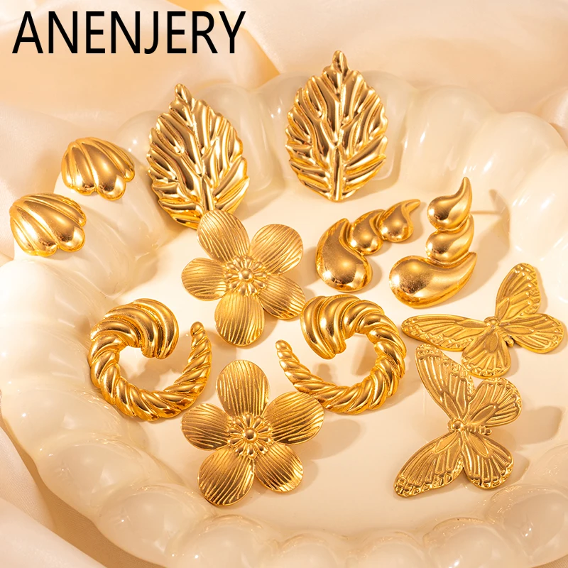 ANENJERY 316L Stainless Steel Flower Water Droplets Shell Earrings For Women French Delicate Jewelry Gifts Wholesale