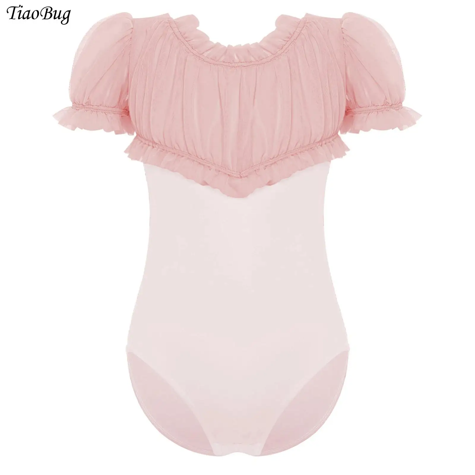 

Girls Ballet Leotard Short Puff Sleeves Cutout Back Ruched Sheer Mesh Ballerina Dance Bodysuit Gymnastics Workout Training Wear